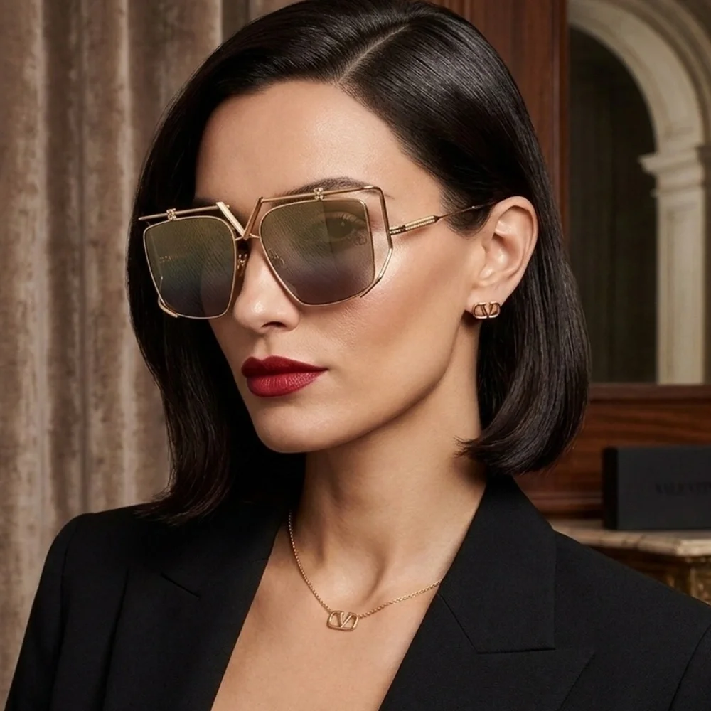 NWT Valentino V-Light Gold Square Sunglasses VLS-116B GLD